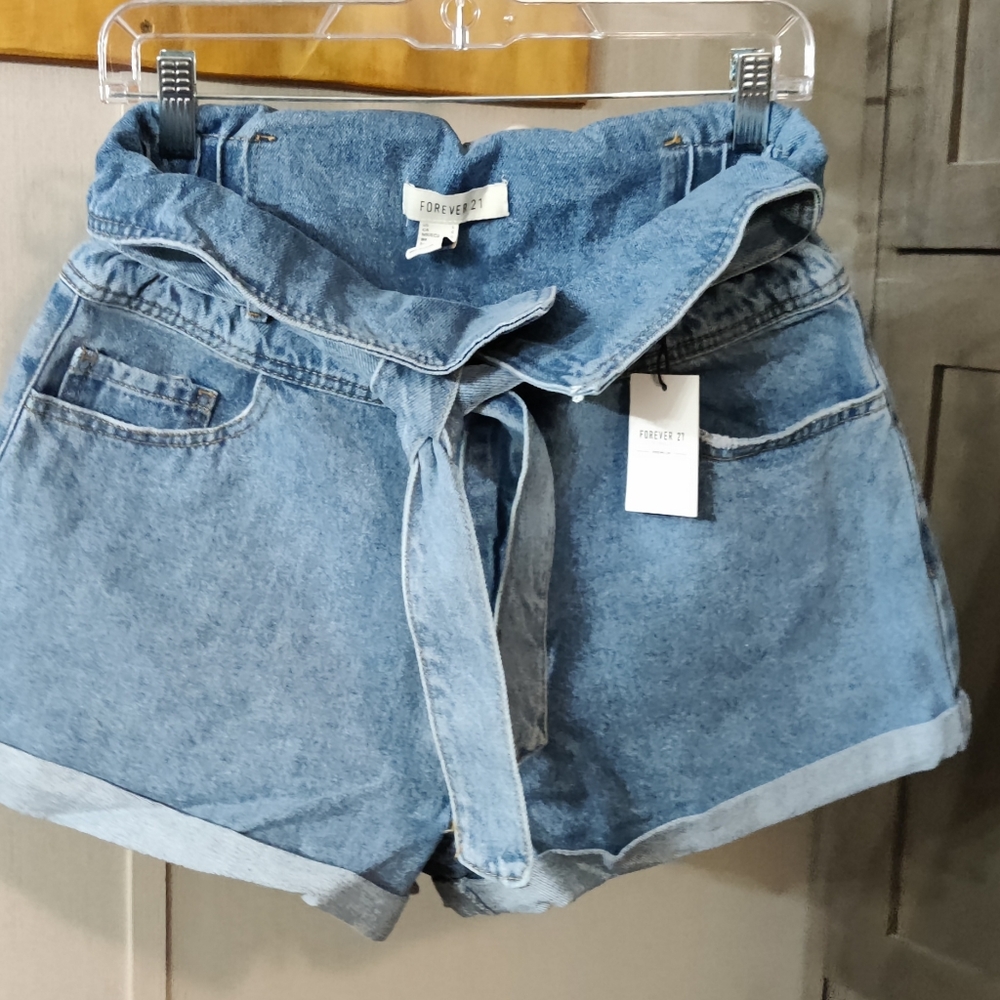 NWT  Denim  Belted Fold over Belted Shorts